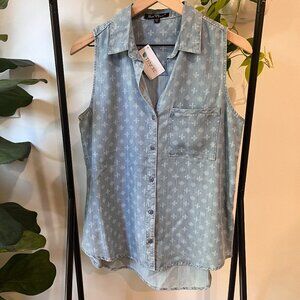 Velvet Heart Sleeveless Chambray Tencel Top Blue White Print Button Front Size S
